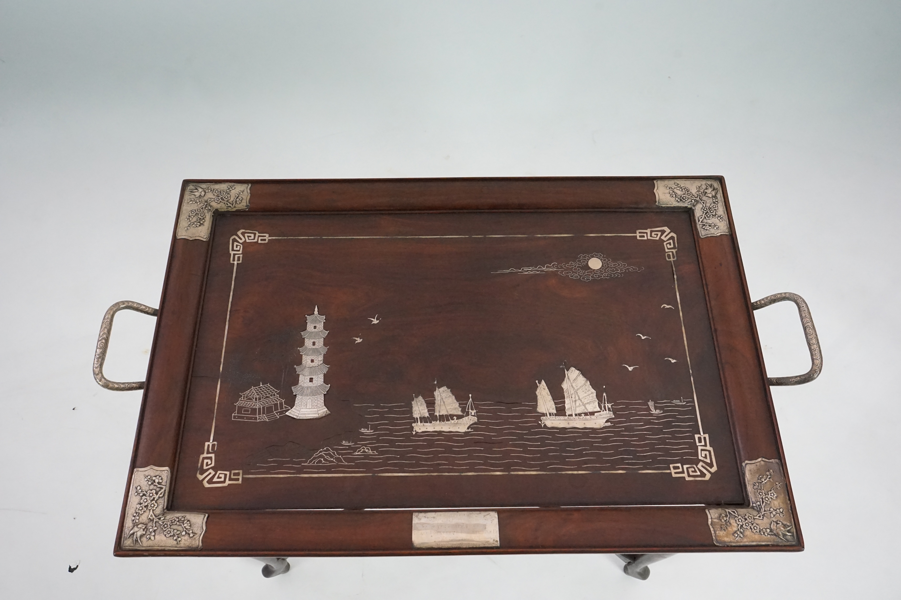 A large Chinese hongmu and silver mounted tray and stand, c.1900-10